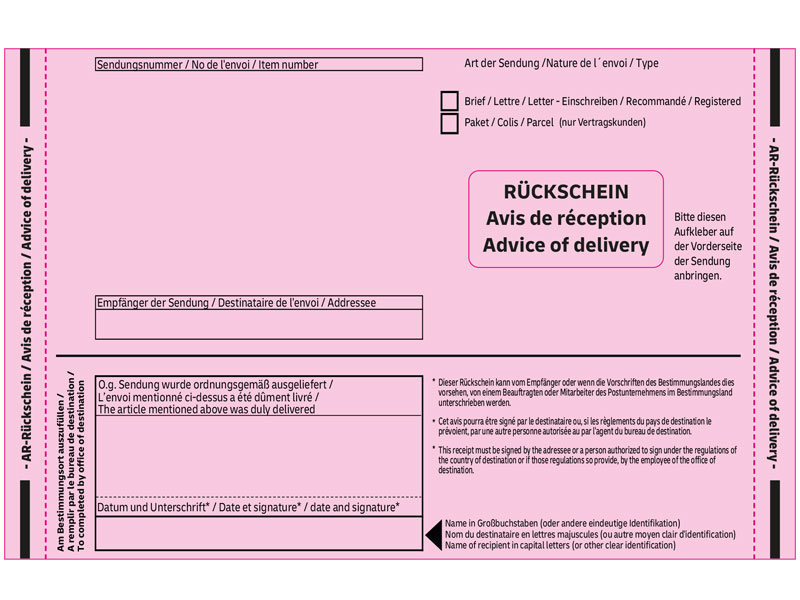 Rückschein International à 100 Stück (Rückseite)