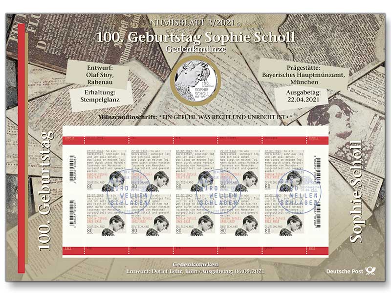 Numisblatt: "100. Geburtstag Sophie Scholl"
