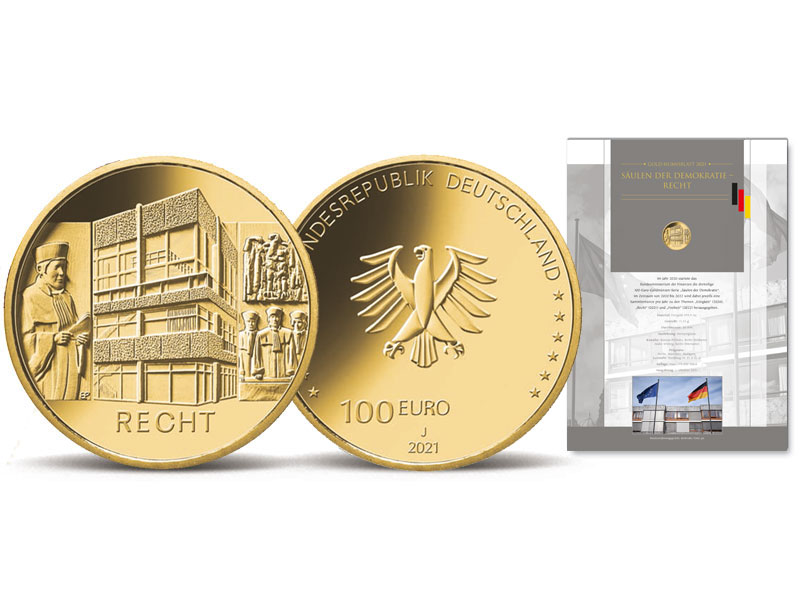 100-Euro-Gold-Numisblatt 2021 "Sulen der Demokratie - Recht"