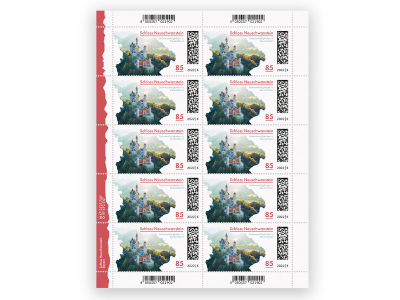 Schloss Neuschwanstein, Briefmarke zu 0,85 EUR, 10er-Bogen