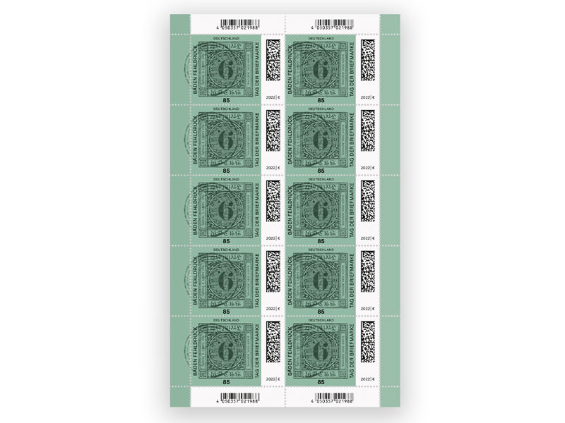 Schätze der Philatelie ¿ Baden Fehldruck, Briefmarke zu 0,85 EUR, 10er-Bogen