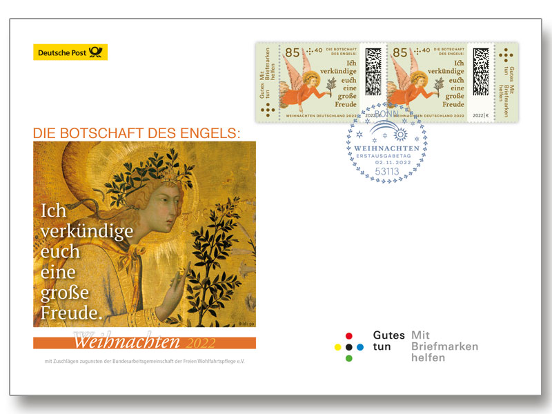 Ersttagsbrief mit dem Plus Die Botschaft des Engels: Ich verkündige euch eine große Freude.