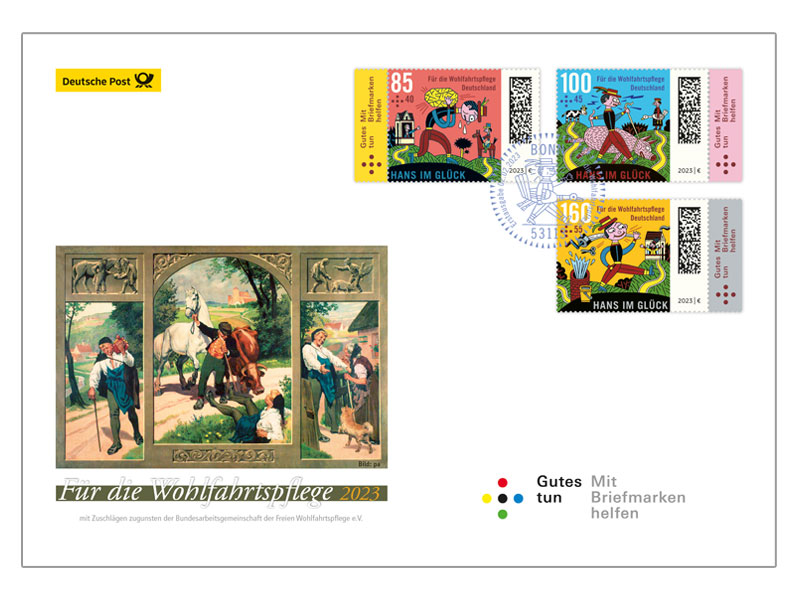 Ersttagsbrief mit dem Plus Für die Wohlfahrt 2023 Grimms Märchen  Hans im Glück