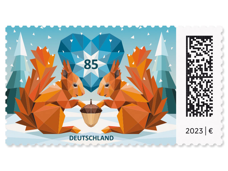 Eichhrnchen im Schnee, Briefmarke zu 0,85 EUR, 10er-Bogen
