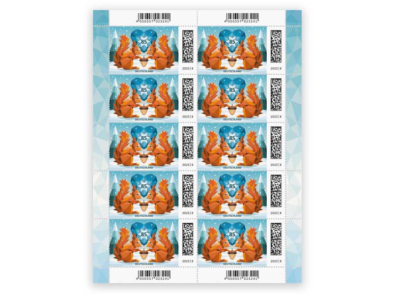 Eichhörnchen im Schnee, Briefmarke zu 0,85 EUR, 10er-Bogen
