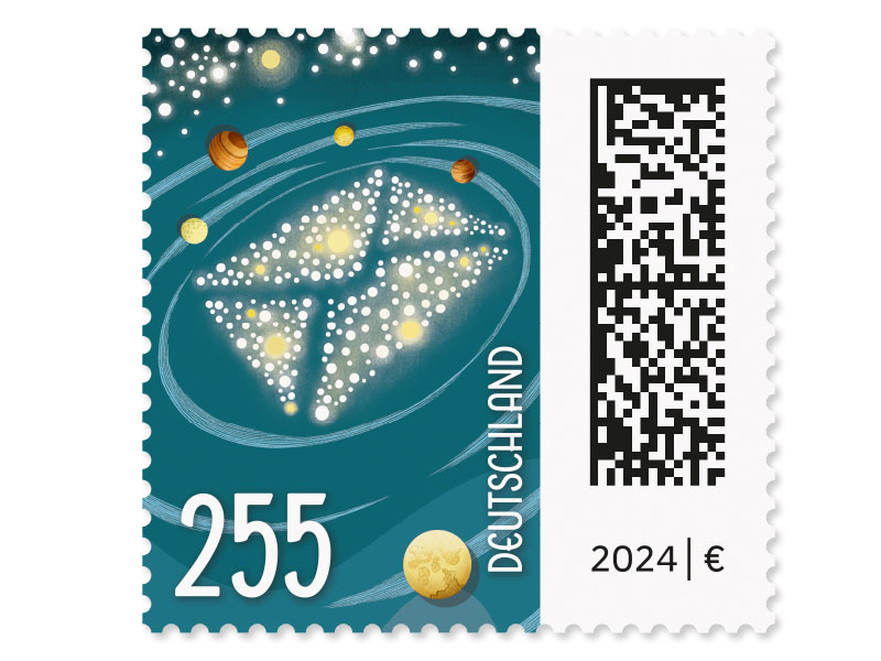 Briefgalaxie, nassklebende Briefmarke aus der Serie "Welt der Briefe" zu 2,55 EUR, 10er-Bogen