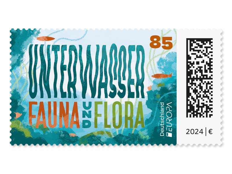 Schriftzug des Briefmarkenthemas im Mittelpunkt einer Unterwasserlandschaft