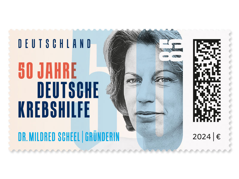 Schriftzug des Briefmarkenthemas mit Porträtfoto Gründerin Dr. Mildred Scheel