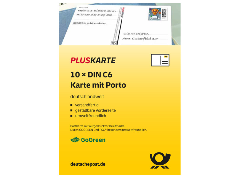 Pluskarte C6, 0,95 EUR, 10er-Set, mit Absenderfeld und Marke mit Matrixcode