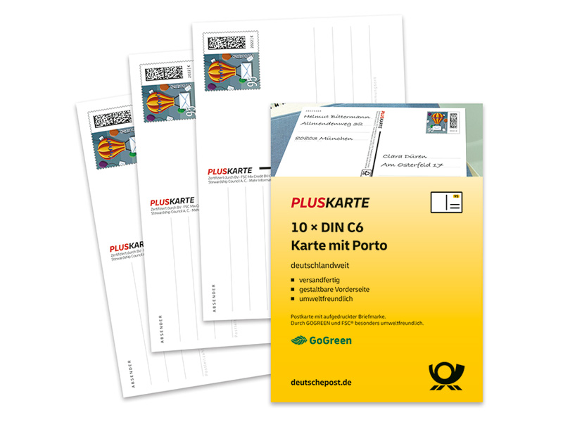 Pluskarte C6, 0,95 EUR, 10er-Set, mit Absenderfeld und Marke mit Matrixcode