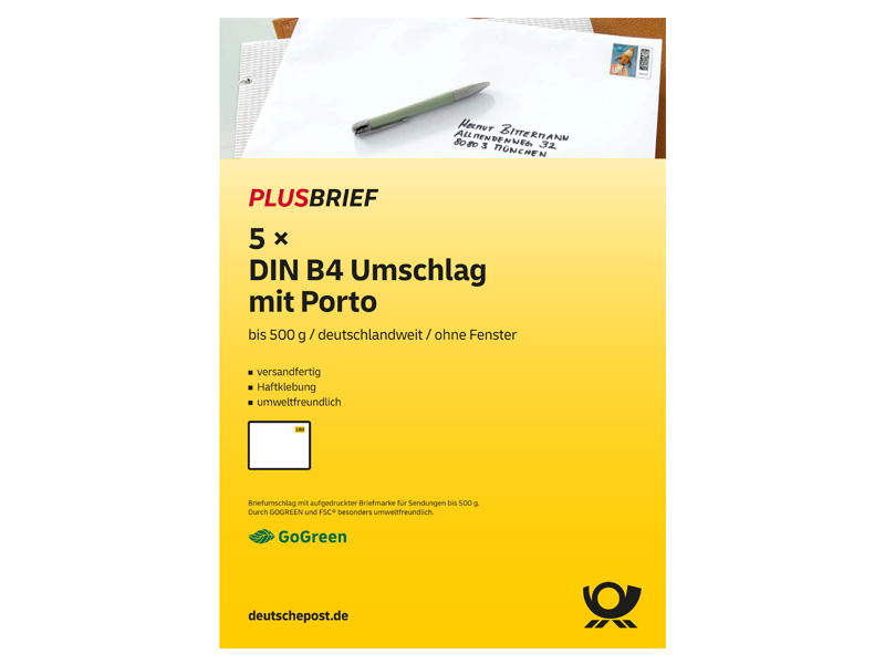 Plusbrief 1,80 EUR mit Matrixcode, DIN B4 oF, 5er-Set
