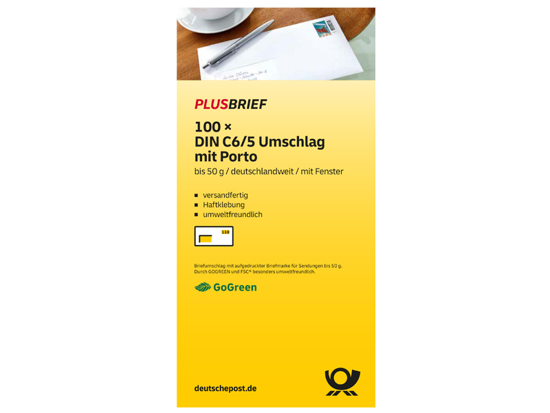 Plusbrief 1,10 EUR mit Matrixcode, DIN C6/5, haftklebend, mit Fenster, 100er-Karton