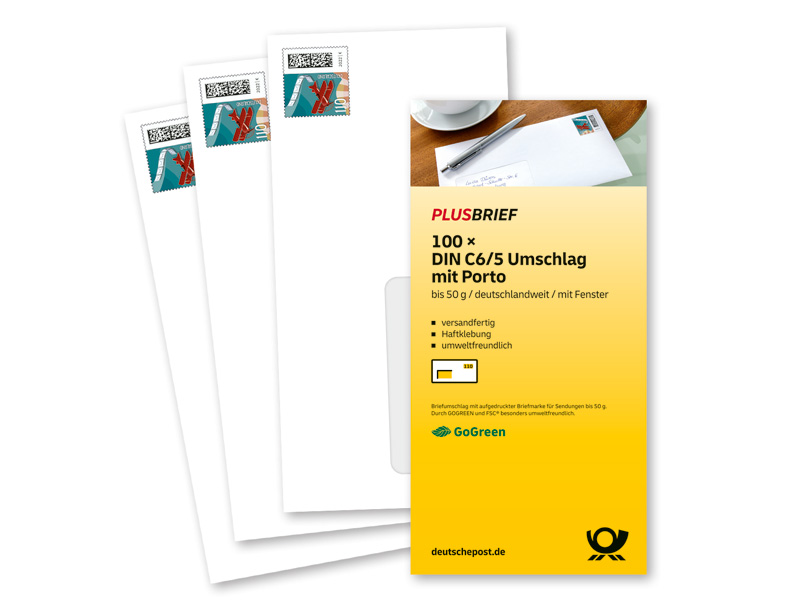 Plusbrief 1,10 EUR mit Matrixcode, DIN C6/5, haftklebend, mit Fenster, 100er-Karton