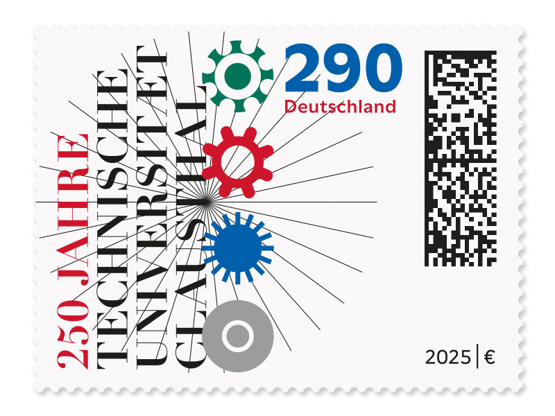 Schriftzug des Briefmarkenthemas mit strahlen und zahnradförmigen Symbolen.