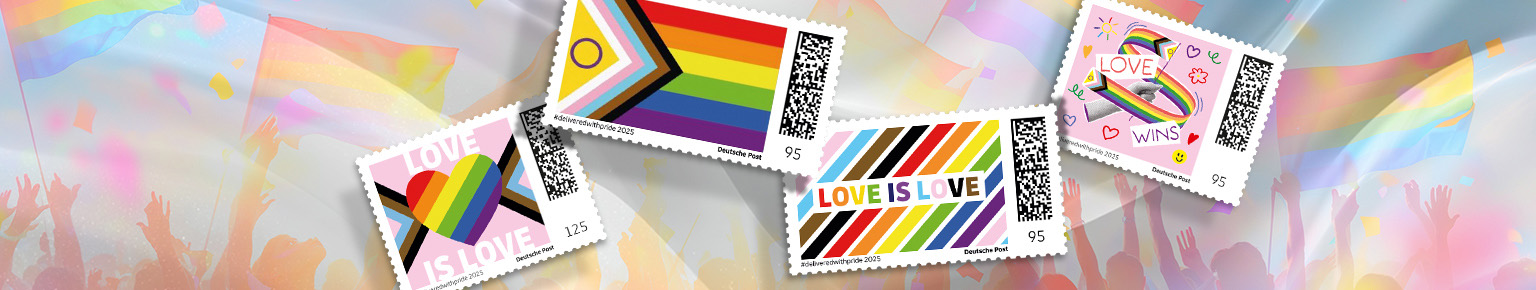 Die neuen Briefmarken unserer #deliveredwithpride Kampagne feiern Vielfalt und Liebe in vier Motiven.