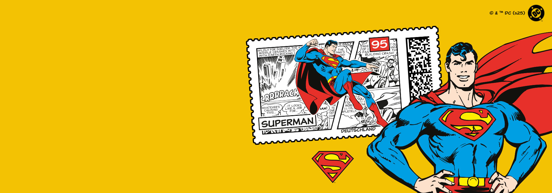 Darstellung der Superman Comicfigur mit Superman-Briefmarke im Hintergrund