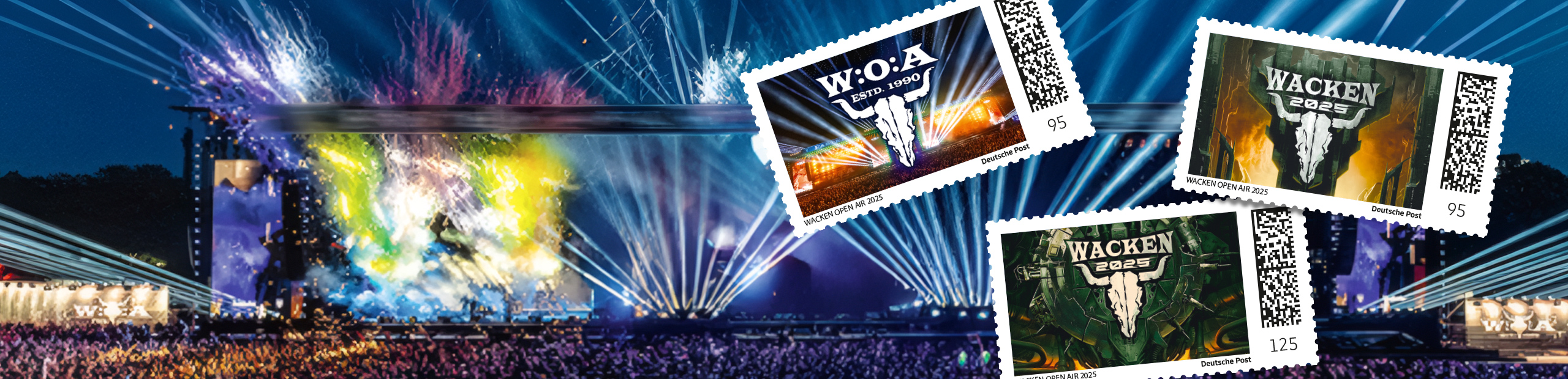Drei Briefmarken mit Wacken Open Air 2025 Logo mit Bhne und Fans im Hintergrund