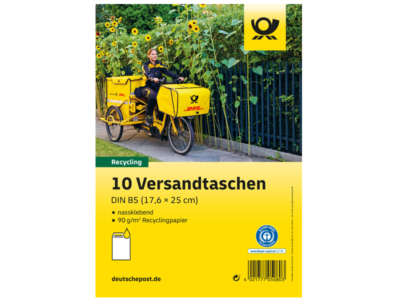 Versandtasche &quot;Blauer Engel&quot;nassklebend, DIN B5 braun, ohne Fenster, im 10er-Set