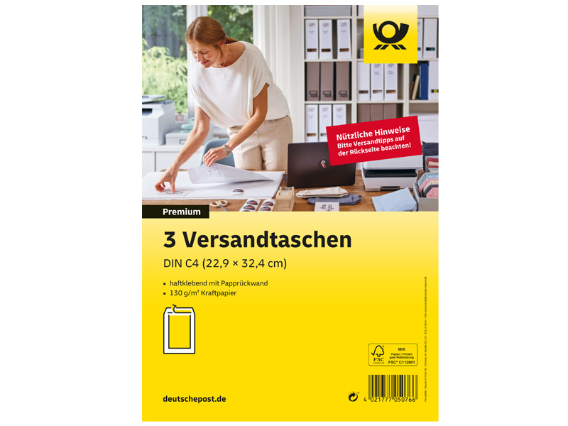 Deutsche Post Versandtasche, Format: DIN C4, ohne Fenster, 3 Stück