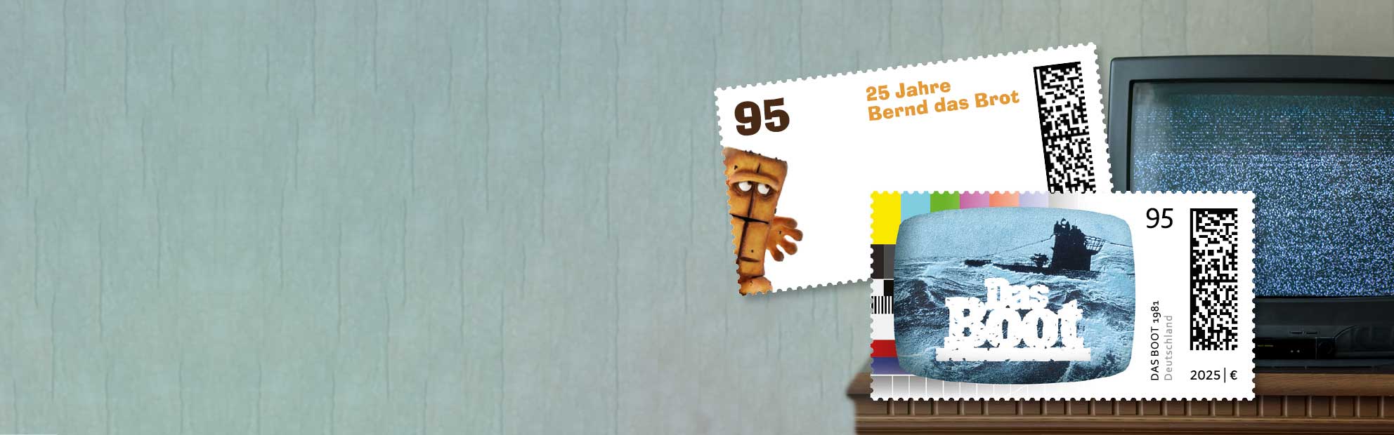 Collage aus Briefmarken mit den TV-Klassikern Bernd das Brot und das Boot