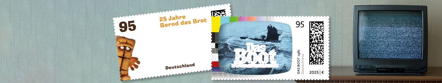 Collage aus Briefmarken mit den TV-Klassikern Bernd das Brot und das Boot