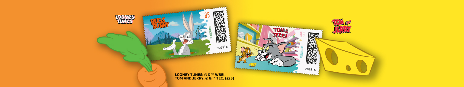 Zwei Briefmarken zeigen die Comicfiguren Bugs Bunny sowie Tom und Jerry