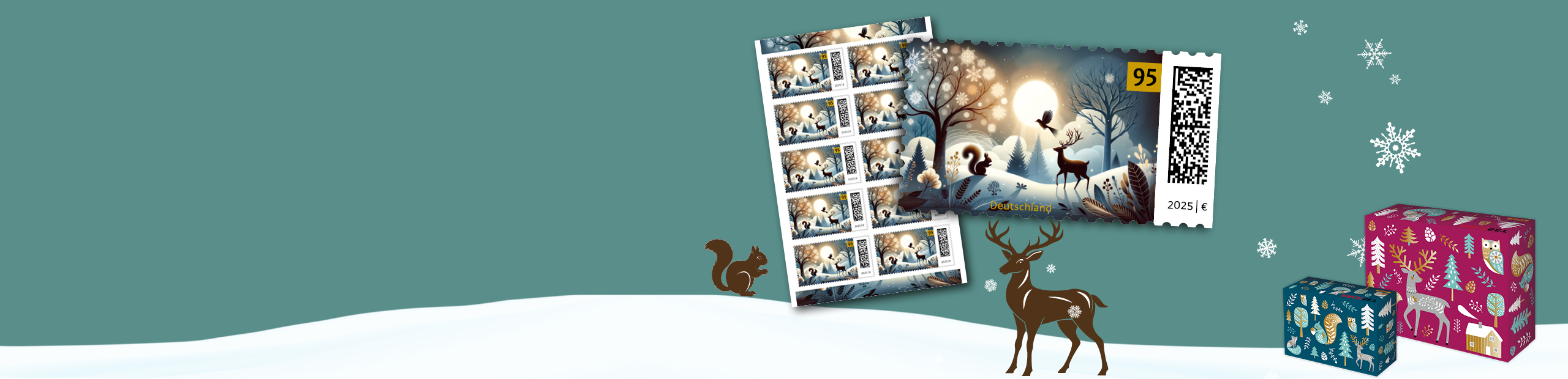 Weihnachtliche Briefmarken und Packsets mit Winterlandschaft im Hintergrund.