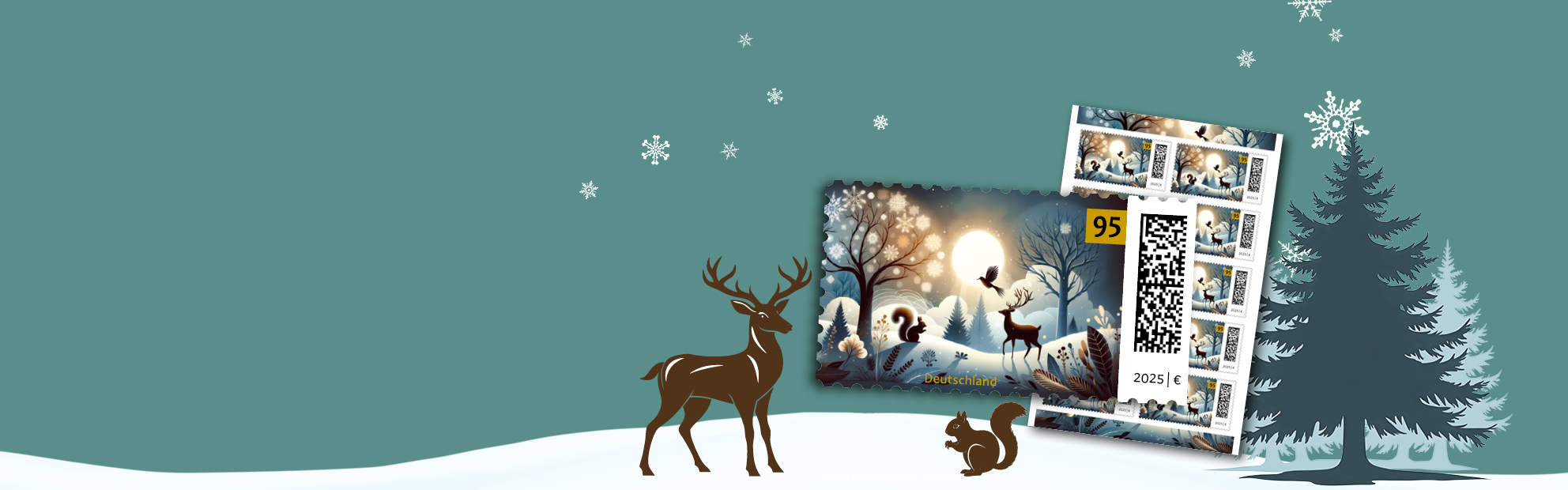 Weihnachtliche Briefmarken und Packsets mit Winterlandschaft im Hintergrund.