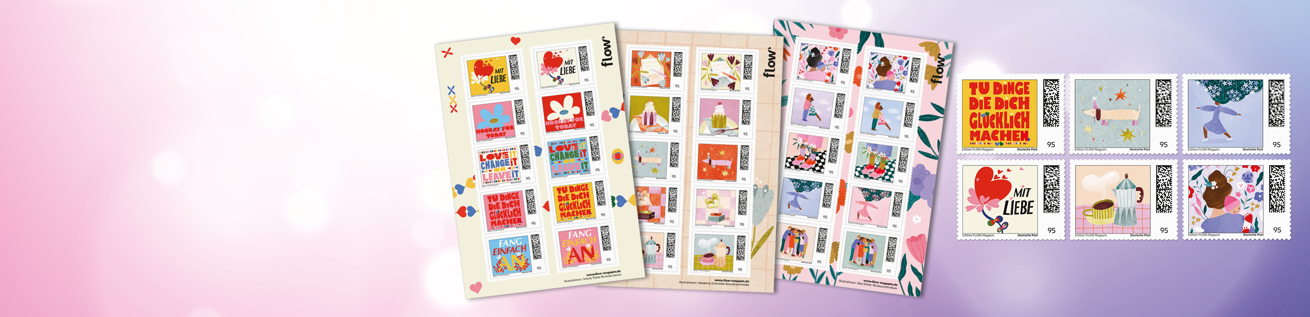 Drei bunte Briefmarkenb�gen der Sonderedition Flow auf rosa Hintergrund.