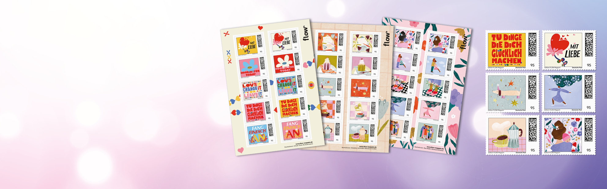 Drei bunte Briefmarkenb�gen der Sonderedition Flow auf rosa Hintergrund.