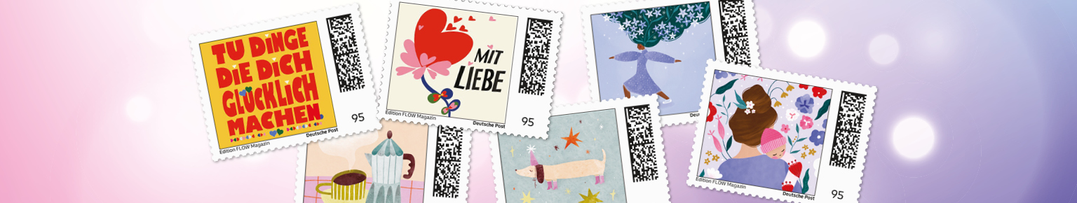 Drei bunte Briefmarkenb�gen der Sonderedition Flow auf rosa Hintergrund.