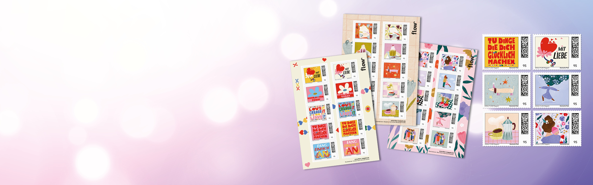 Drei bunte Briefmarkenb�gen der Sonderedition Flow auf rosa Hintergrund.