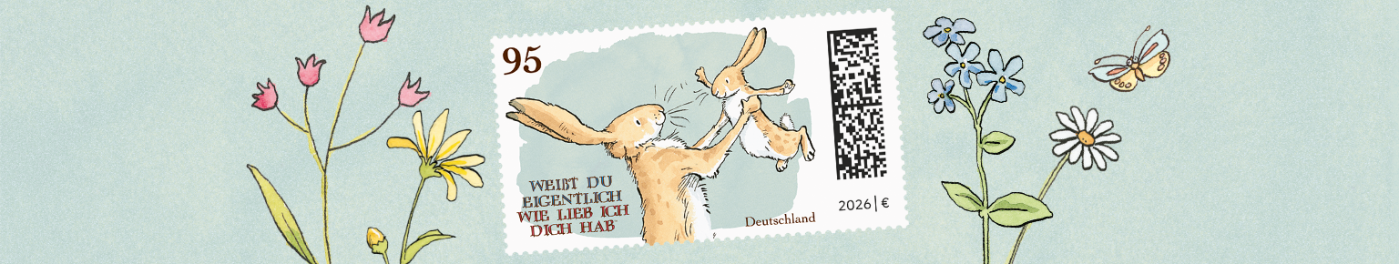 Briefmarke in Comic Design mit zwei Hasen und Blumen auf blauem Hintergrund