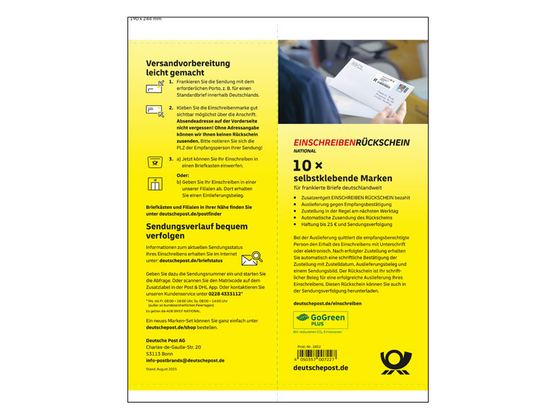 Einschreiben R�ckschein, 10er- Marken-Set