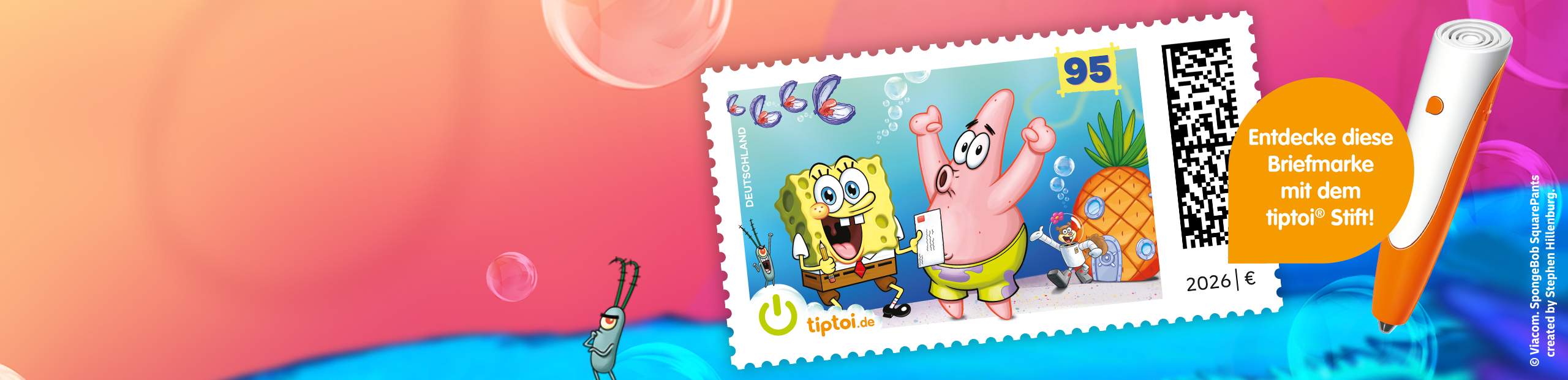 Comic Figur Spongebob mit seinen Freunden in einer bunten Unterwasserwelt.