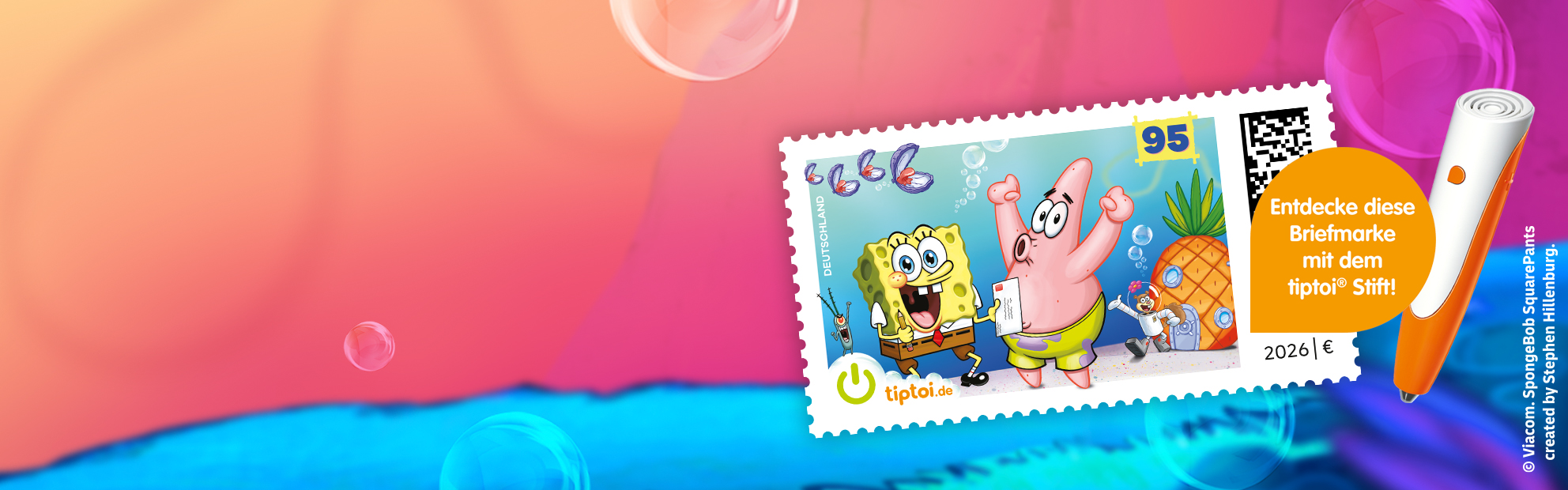 Comic Figur Spongebob mit seinen Freunden in einer bunten Unterwasserwelt.