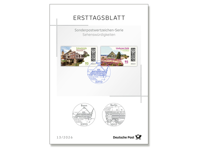 Ersttagsblatt 13/26 Sehensw�rdigkeiten in Deutschland - Kr�merbr�cke in Erfurt und L�neburger Heide