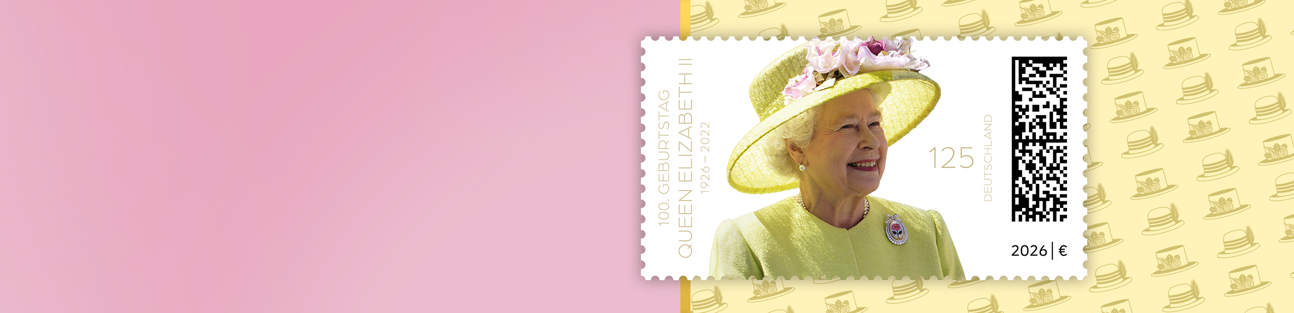 Briefmarke mit Abbildung von Queen Elisabeth II auf rosa Hintergrund