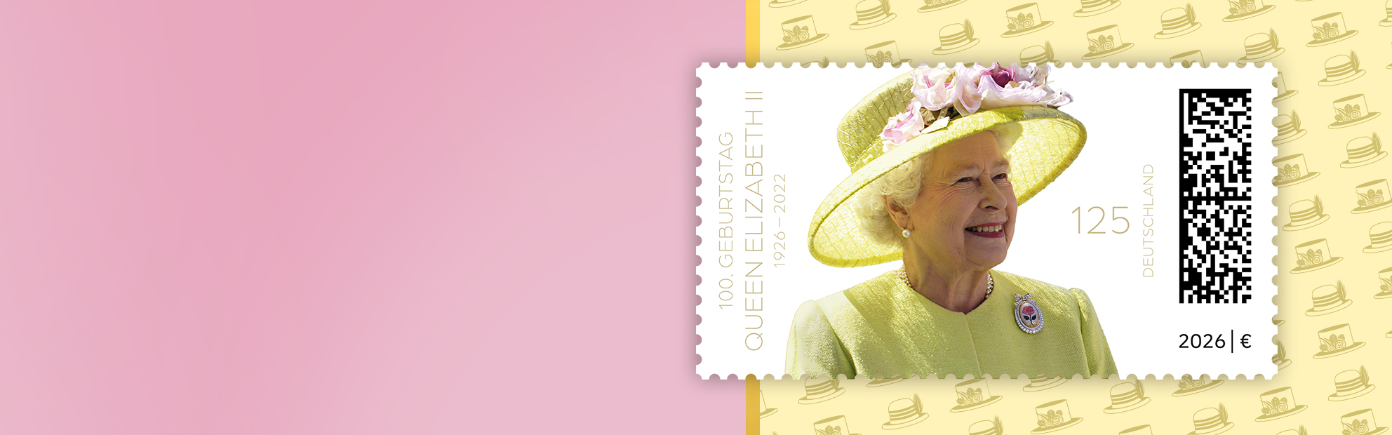 Briefmarke mit Abbildung von Queen Elisabeth II auf rosa Hintergrund