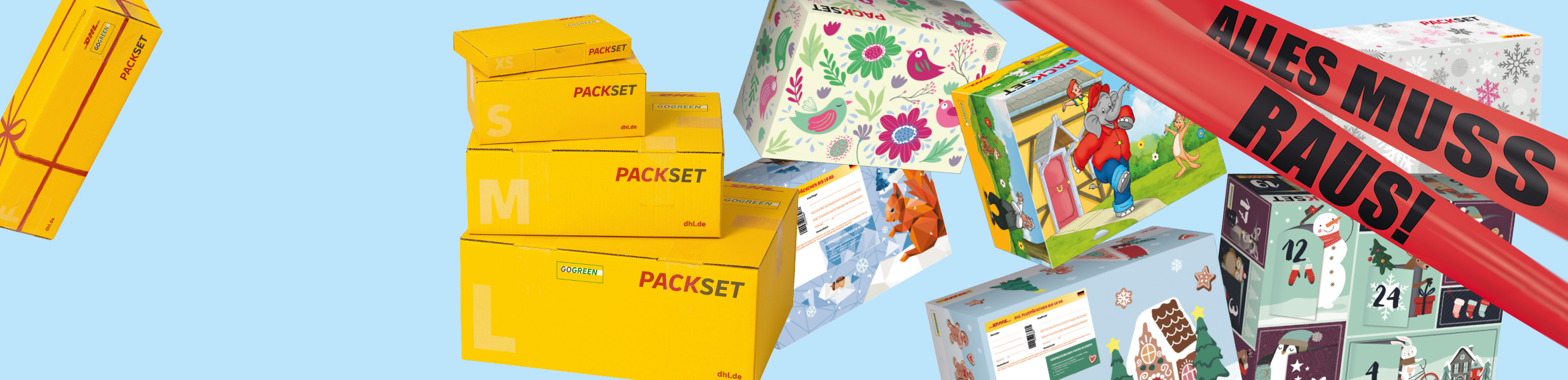 Collage aus Packsets Kartonagen mit Hinweis auf 20 % Rabatt