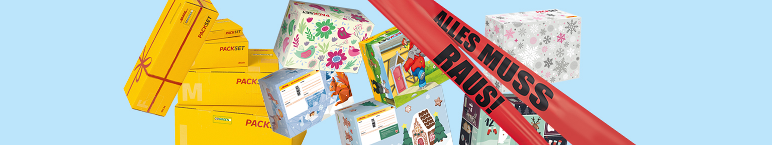 Collage aus Packsets Kartonagen mit Hinweis auf 20 % Rabatt