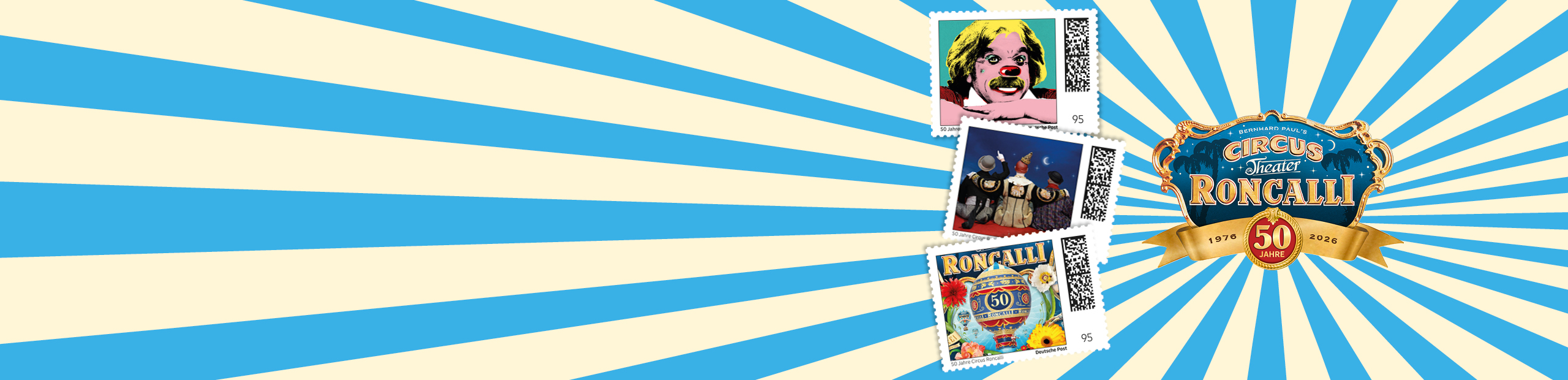 Logo 50 Jahre Roncalli mit drei Briefmarken mit Motiven mit Roncalli Motiven