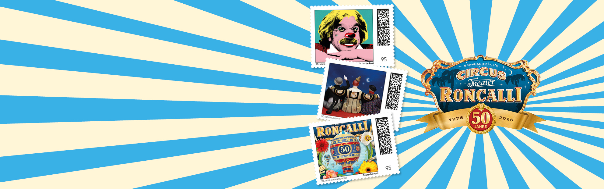 Logo 50 Jahre Roncalli mit drei Briefmarken mit Motiven mit Roncalli Motiven