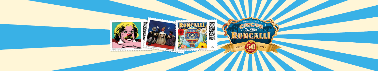 Logo 50 Jahre Roncalli mit drei Briefmarken mit Motiven mit Roncalli Motiven