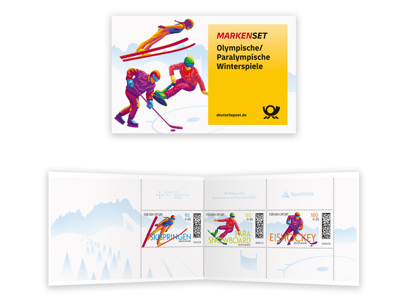 Stilisierte Skispringerin, Para-Snowboarderin und Eishockeyspieler im 3er-Set