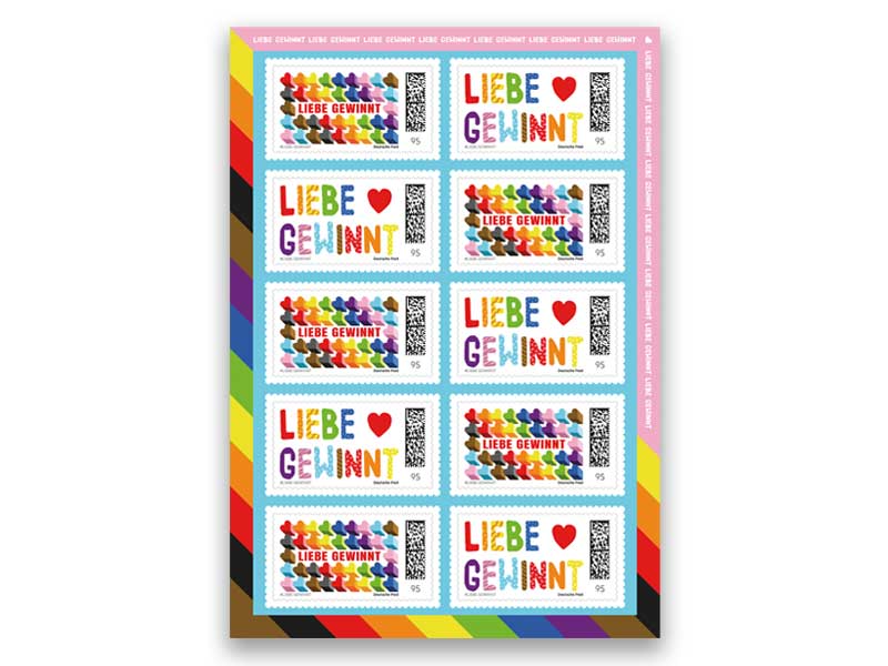 Briefmarkenbogen der Pride-Edition mit Regenbogen-Herzen und inklusiven Motiven