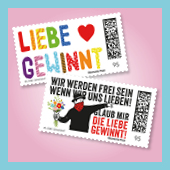 Kleines Kampagnen-Banner #LIEBE GEWINNT mit farbenfrohem Design und dem Logo der Deutschen Post