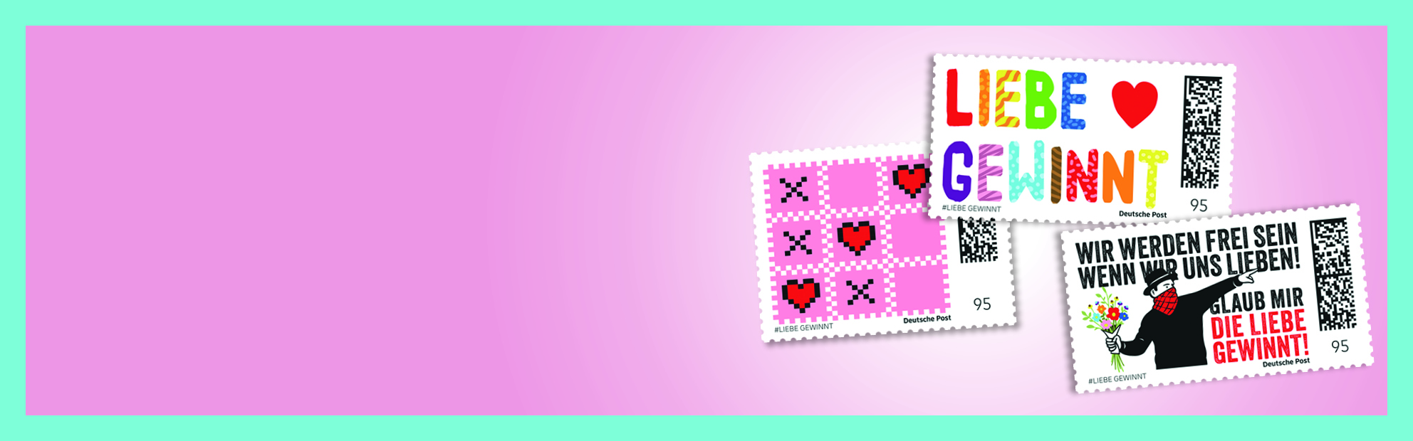 Drei bunte Briefmarken zum Thema Liebe auf rosa Hintergrund