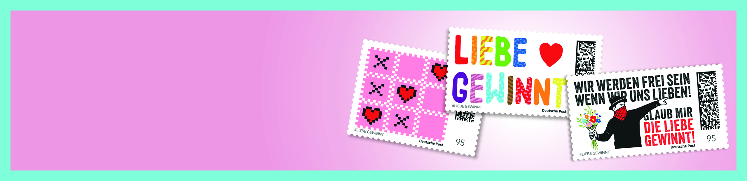 Drei bunte Briefmarken zum Thema Liebe auf rosa Hintergrund