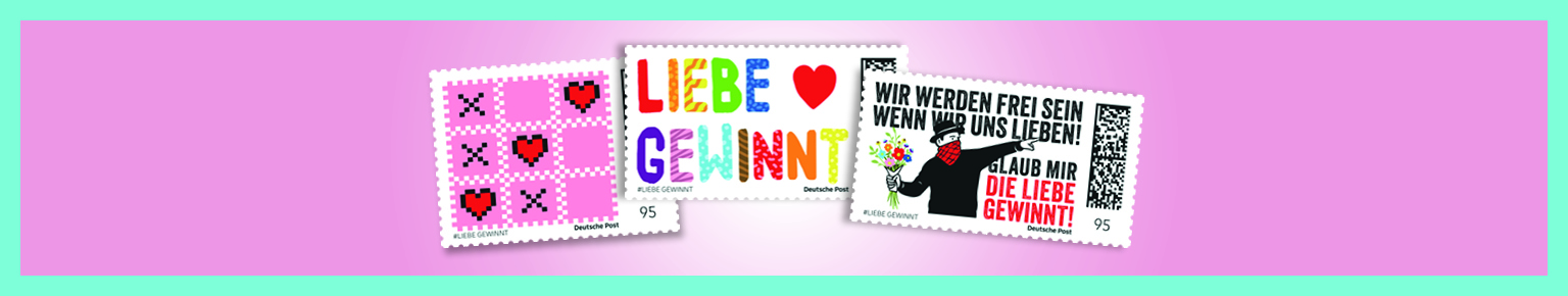 Drei bunte Briefmarken zum Thema Liebe auf rosa Hintergrund